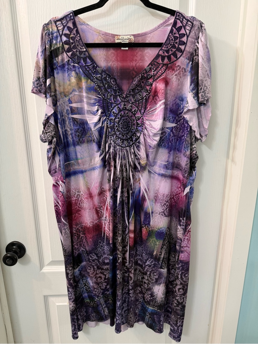 World Unity Purple Multi-Color Embellished V-Neck Women's Dress
